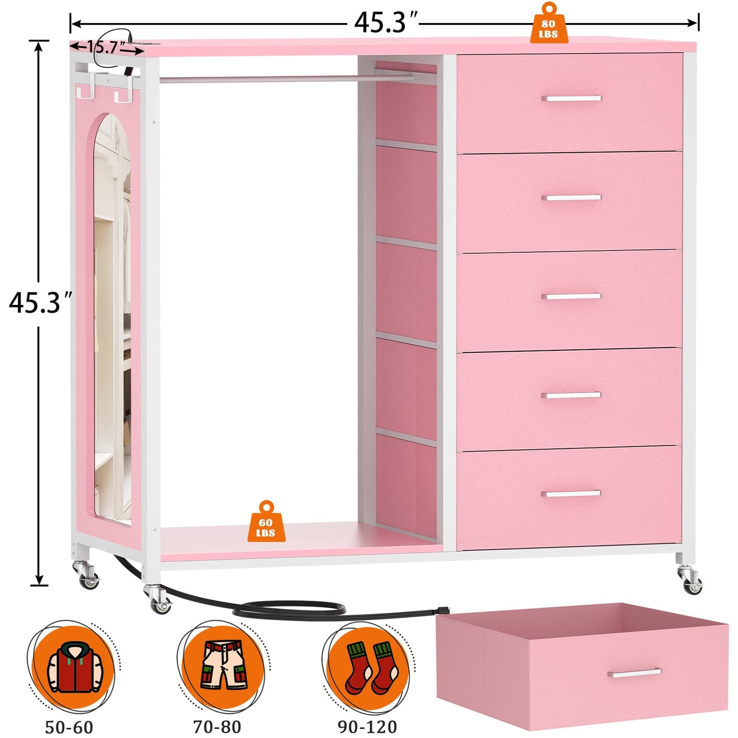 5-Drawer Dresser for Bedroom with Charging Station & Mirror
