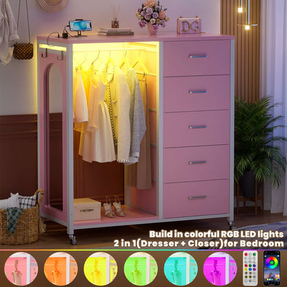 5-Drawer Dresser for Bedroom with Charging Station & Mirror