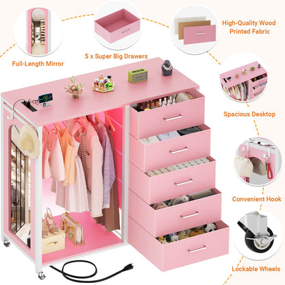 5-Drawer Dresser for Bedroom with Charging Station & Mirror