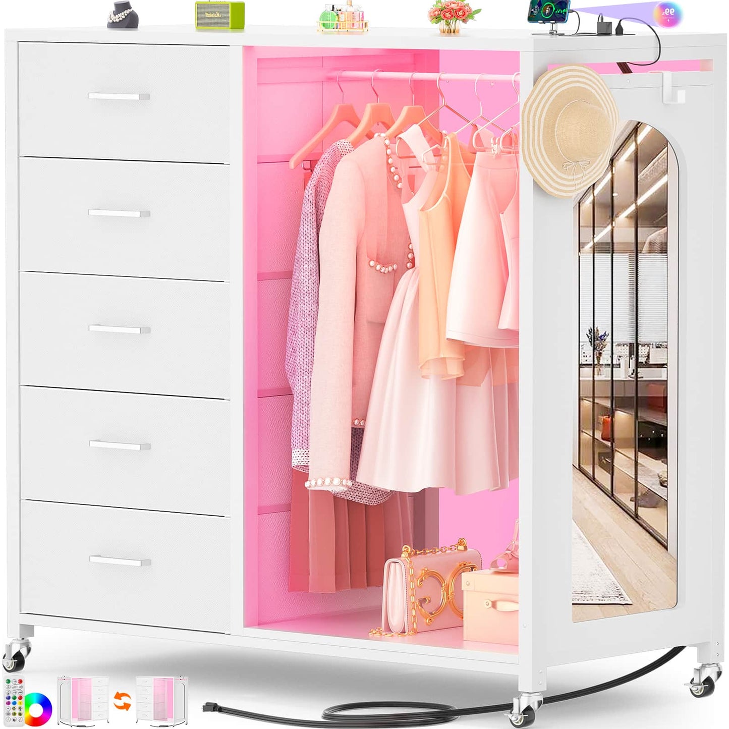 5-Drawer Dresser for Bedroom with Charging Station & Mirror
