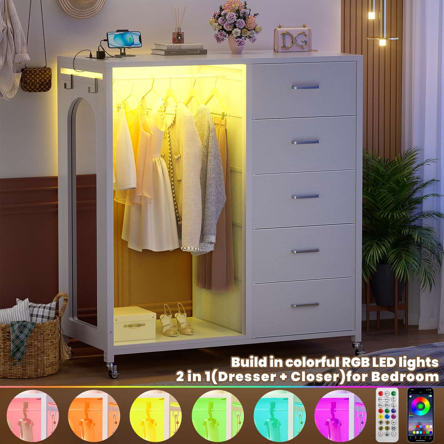 5-Drawer Dresser for Bedroom with Charging Station & Mirror