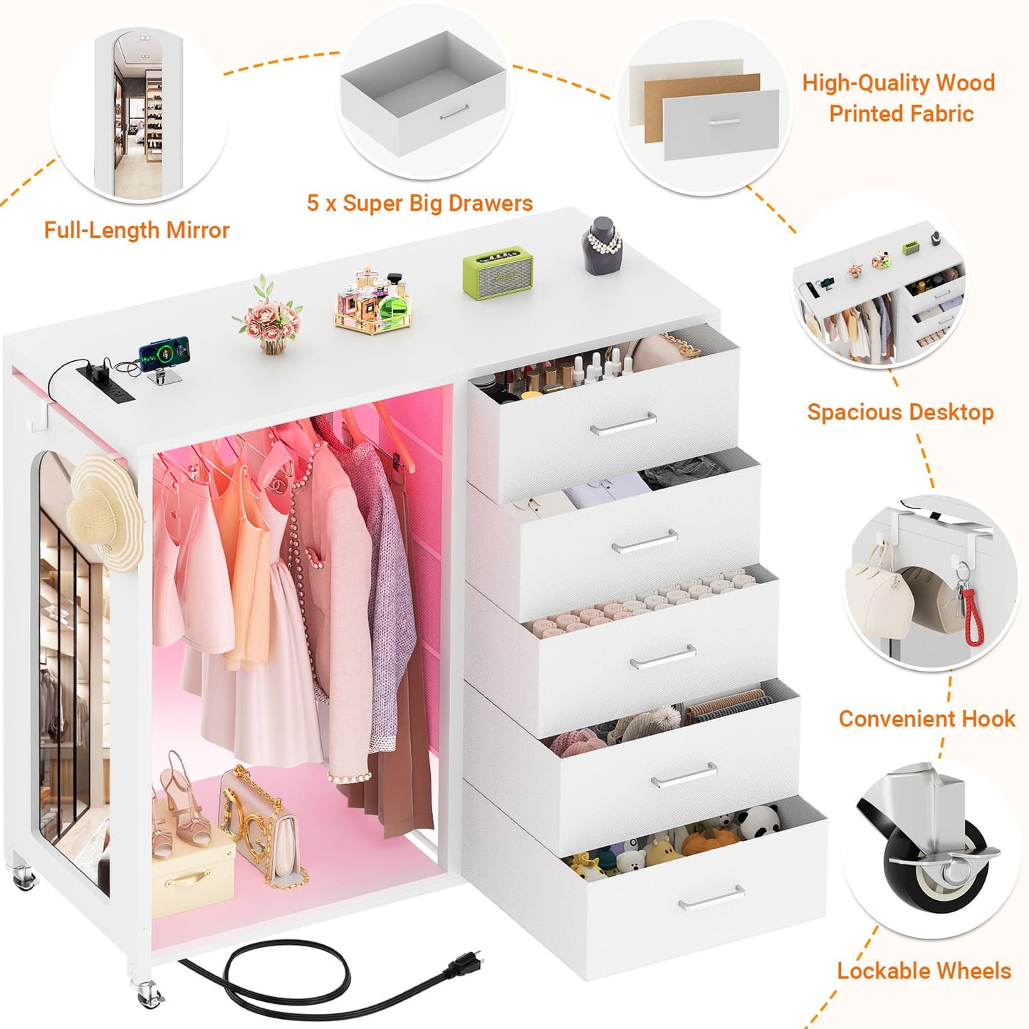 5-Drawer Dresser for Bedroom with Charging Station & Mirror