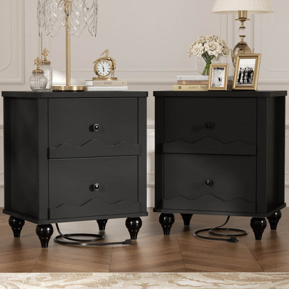 Nightstands Set of 2, Modern Nightstand with Power Outlet and 2 Wave Pattern Drawers