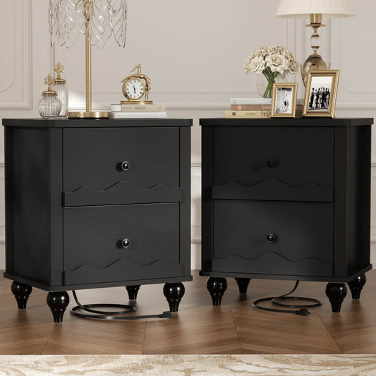 Nightstands Set of 2, Modern Nightstand with Power Outlet and 2 Wave Pattern Drawers