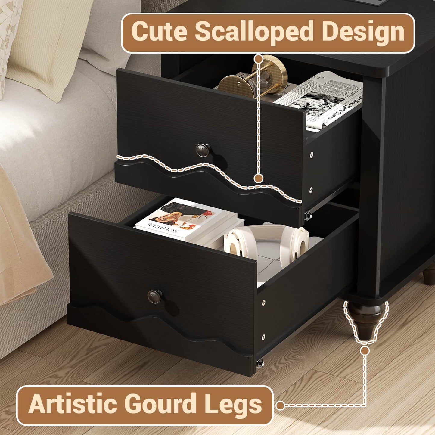 Nightstands Set of 2, Modern Nightstand with Power Outlet and 2 Wave Pattern Drawers