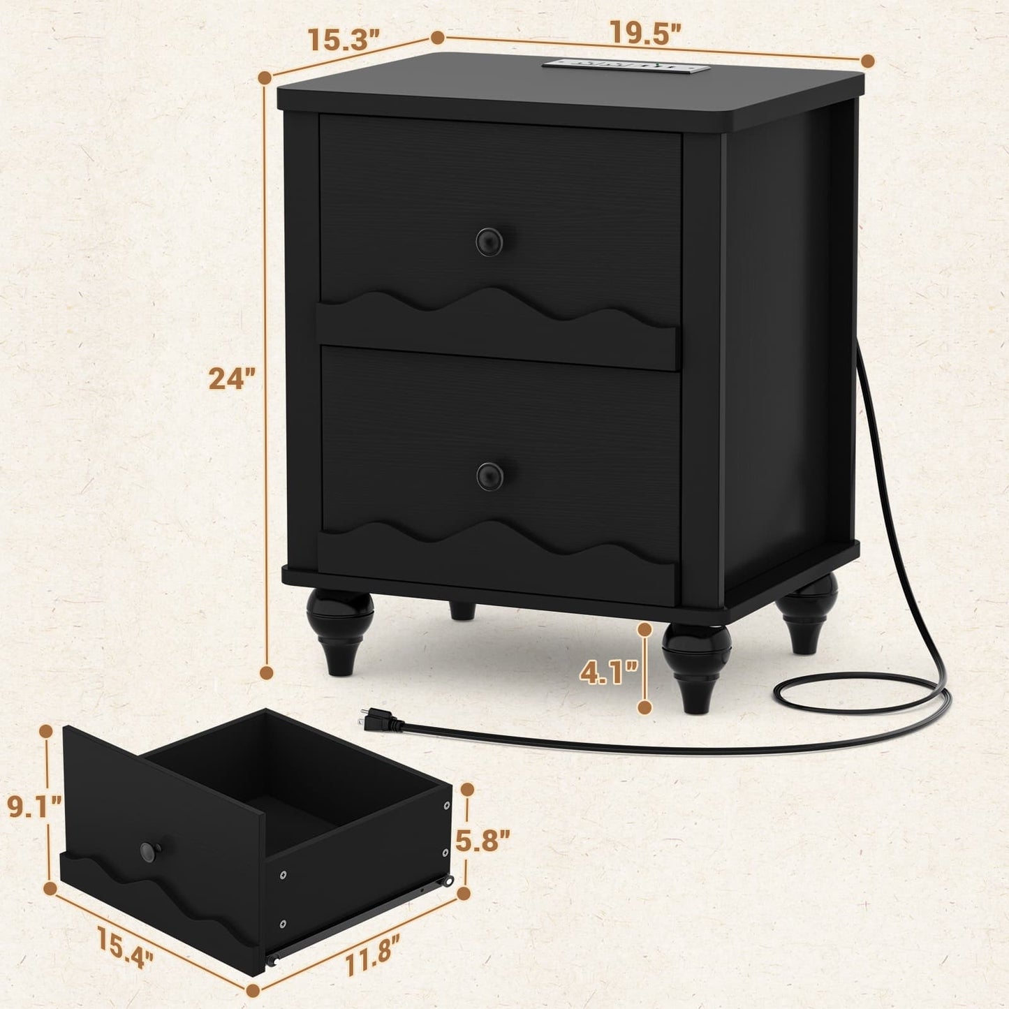 2 Drawer Nightstand with Power Outlet