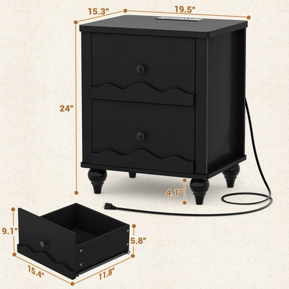 Nightstands Set of 2, Modern Nightstand with Power Outlet and 2 Wave Pattern Drawers