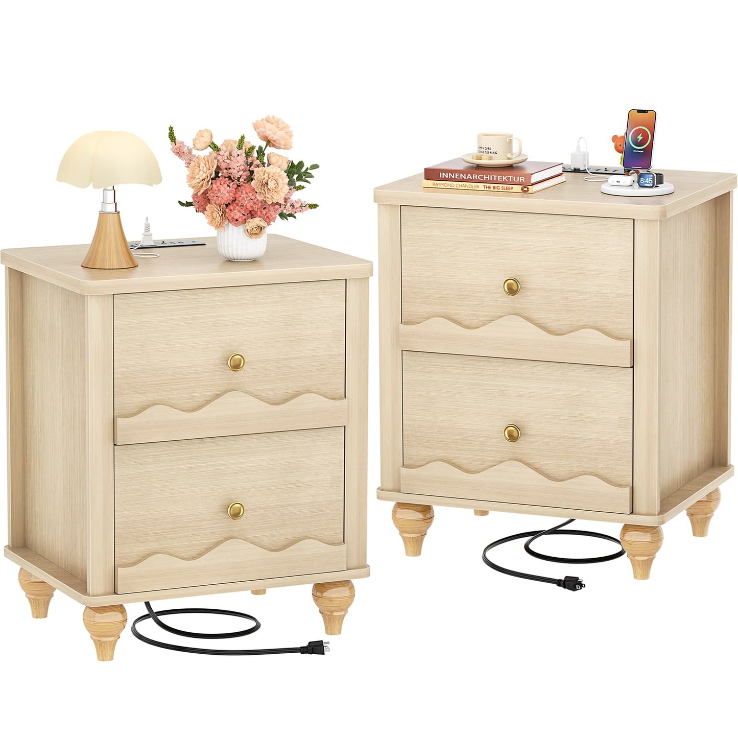 Nightstands Set of 2, Modern Nightstand with Power Outlet and 2 Wave Pattern Drawers