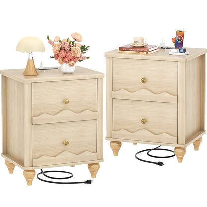 Nightstands Set of 2, Modern Nightstand with Power Outlet and 2 Wave Pattern Drawers