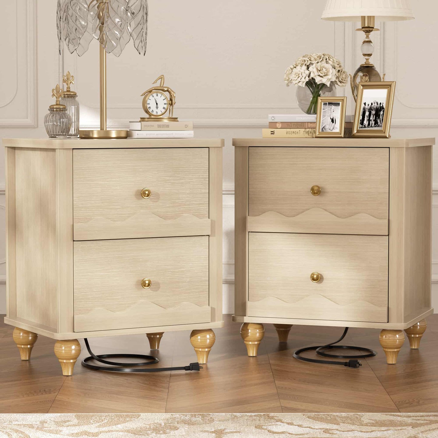 Nightstands Set of 2, Modern Nightstand with Power Outlet and 2 Wave Pattern Drawers