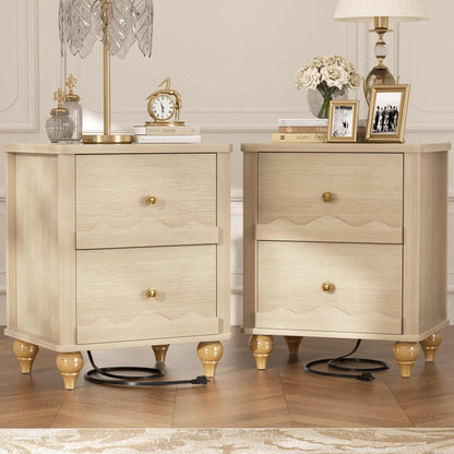 Nightstands Set of 2, Modern Nightstand with Power Outlet and 2 Wave Pattern Drawers