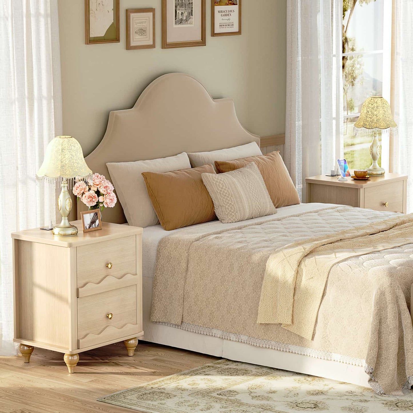 Nightstands Set of 2, Modern Nightstand with Power Outlet and 2 Wave Pattern Drawers