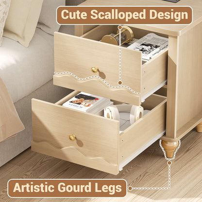 Nightstands Set of 2, Modern Nightstand with Power Outlet and 2 Wave Pattern Drawers