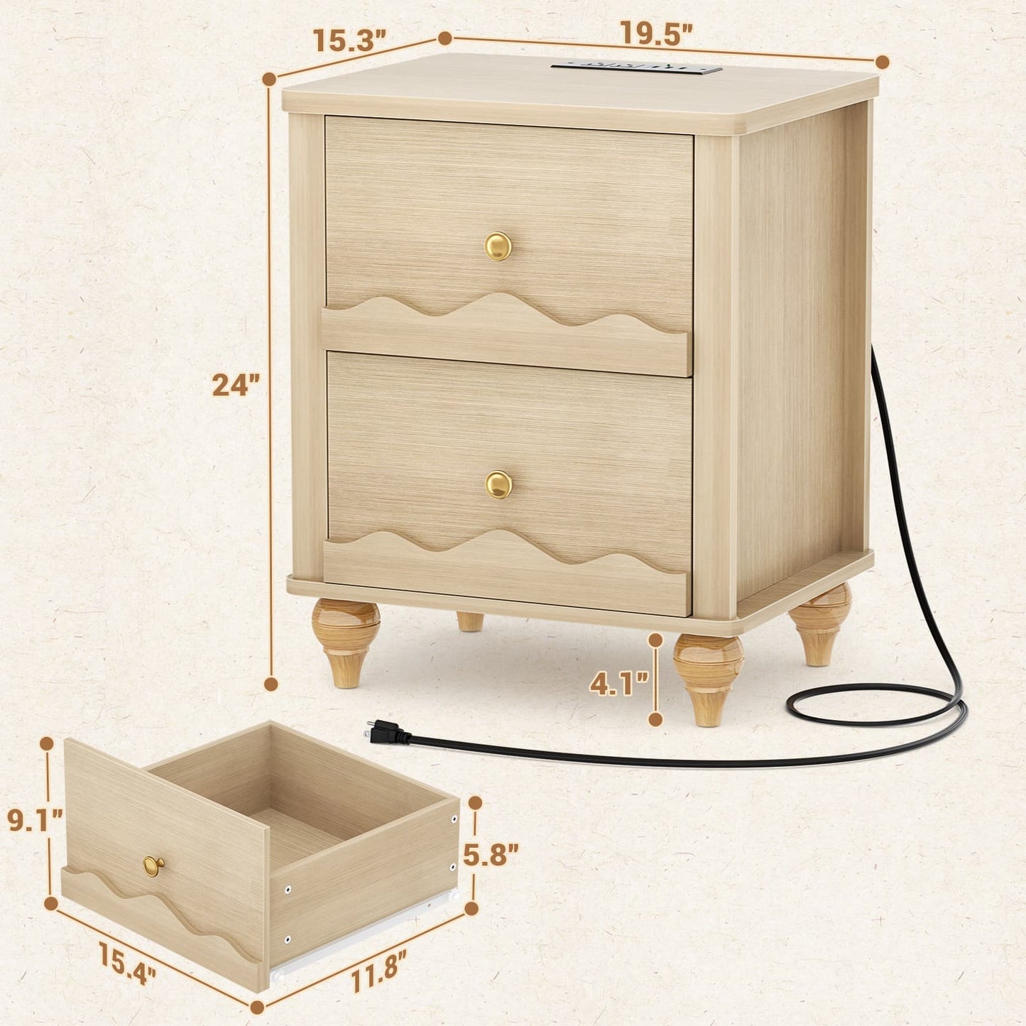 2 Drawer Nightstand with Power Outlet