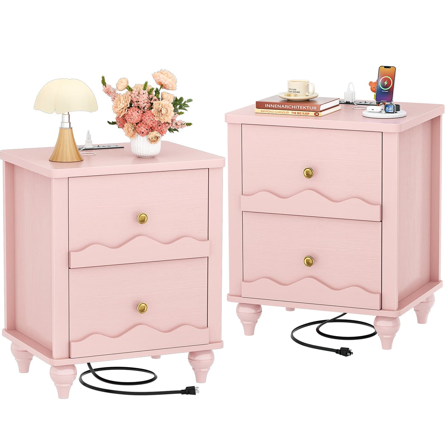 Nightstands Set of 2, Modern Nightstand with Power Outlet and 2 Wave Pattern Drawers