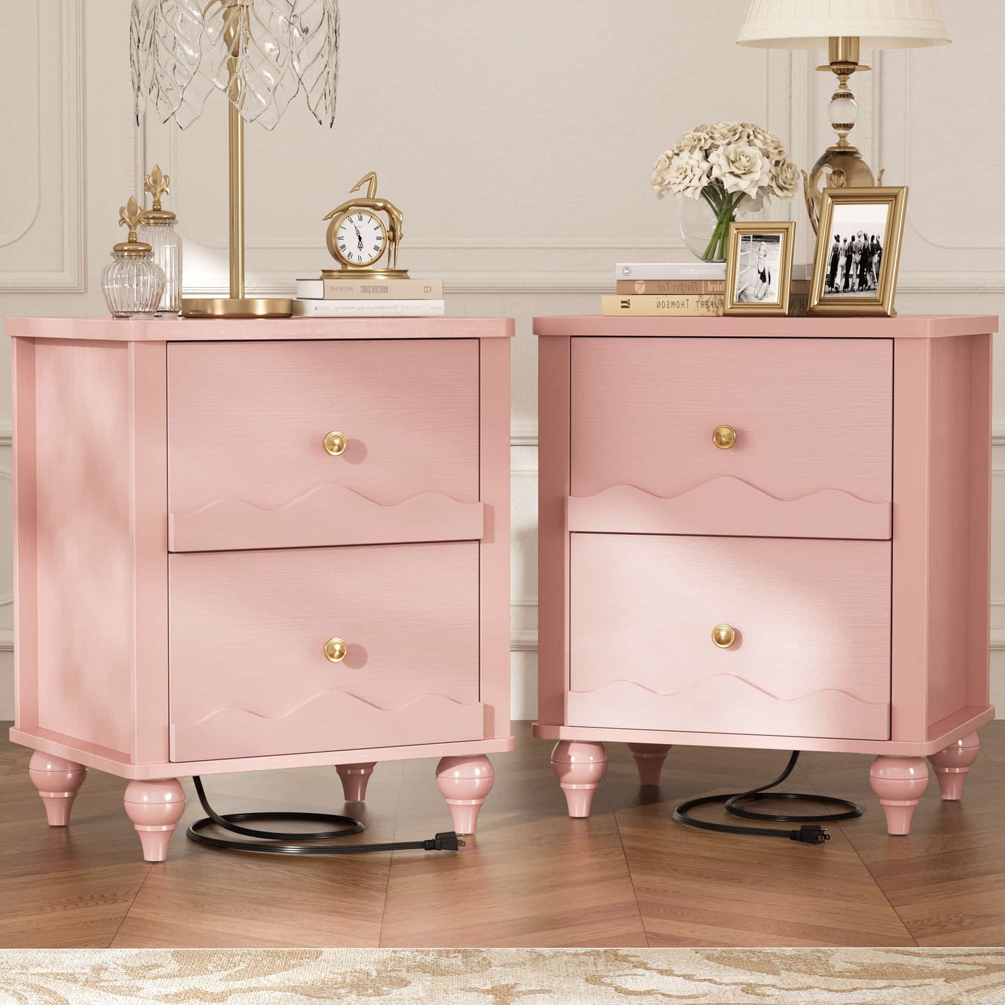 Nightstands Set of 2, Modern Nightstand with Power Outlet and 2 Wave Pattern Drawers