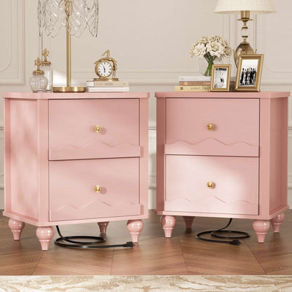 Nightstands Set of 2, Modern Nightstand with Power Outlet and 2 Wave Pattern Drawers