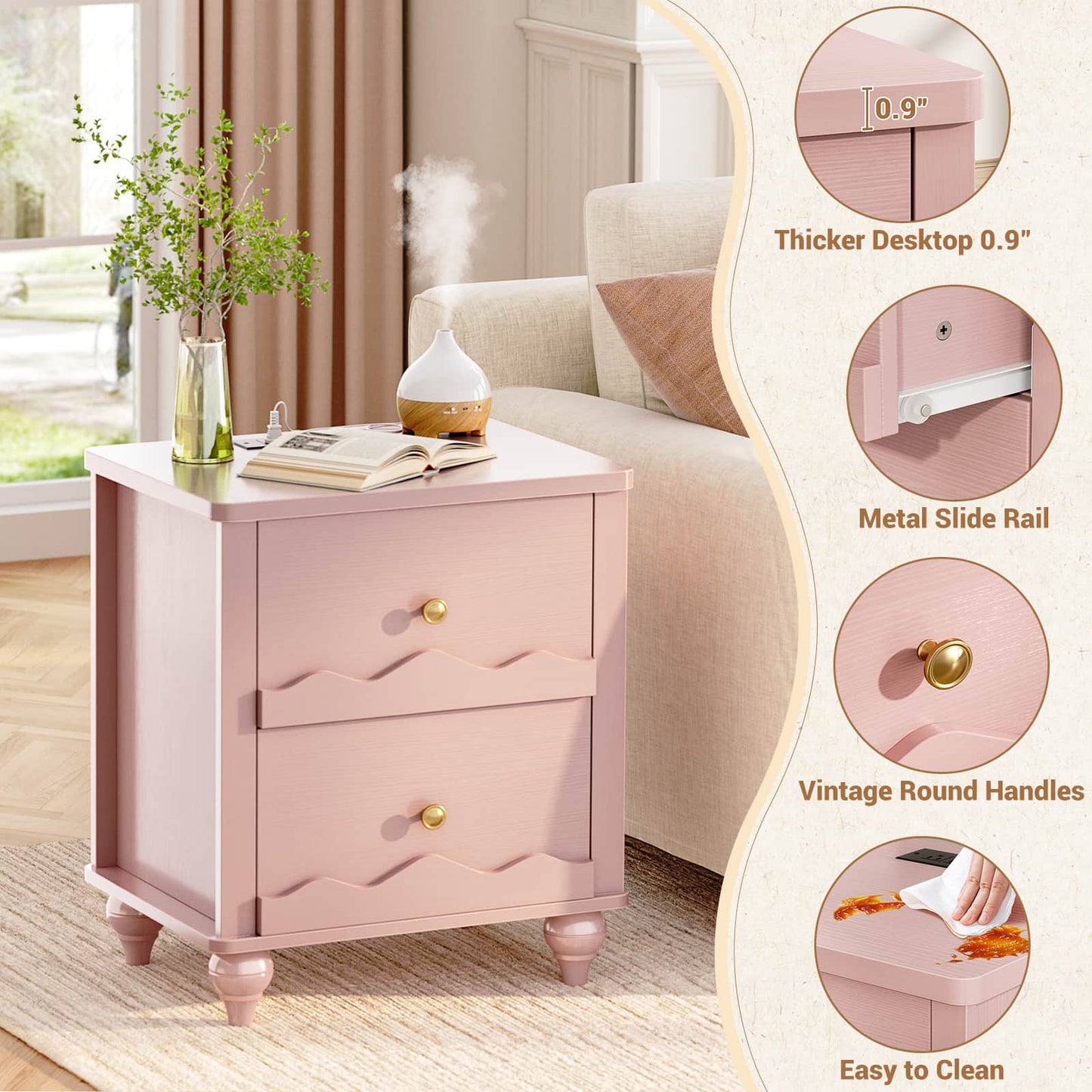Nightstands Set of 2, Modern Nightstand with Power Outlet and 2 Wave Pattern Drawers