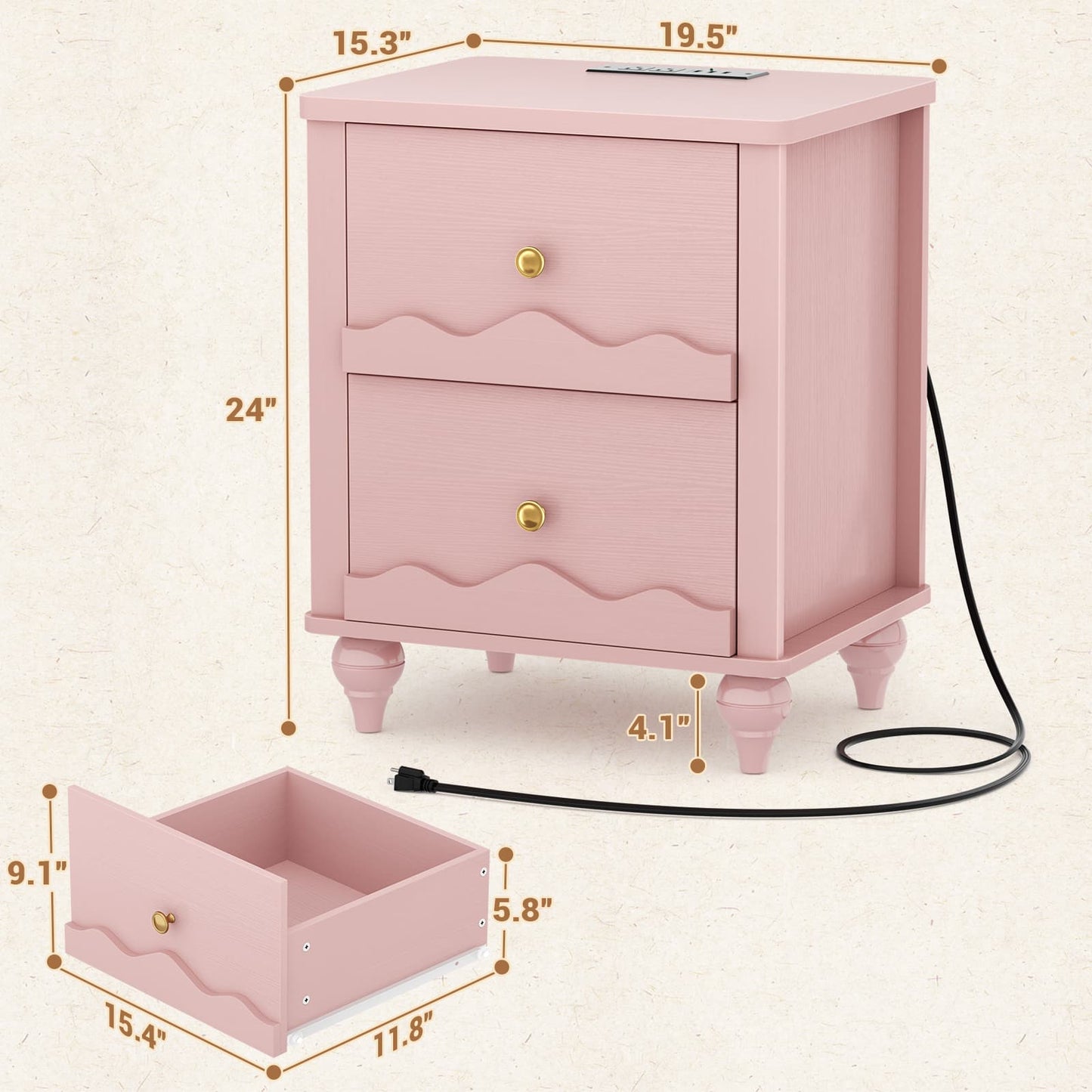 2 Drawer Nightstand with Power Outlet
