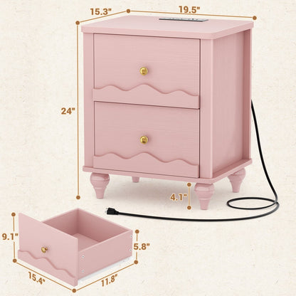 Nightstands Set of 2, Modern Nightstand with Power Outlet and 2 Wave Pattern Drawers