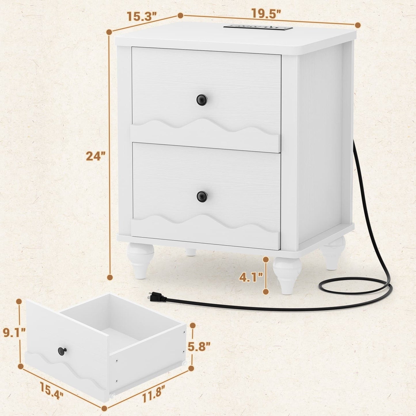 Nightstands Set of 2, Modern Nightstand with Power Outlet and 2 Wave Pattern Drawers