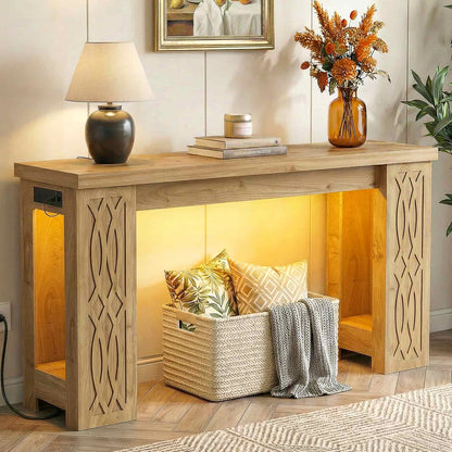 47'' Farmhouse Console Table with Charging Station and LED Lights