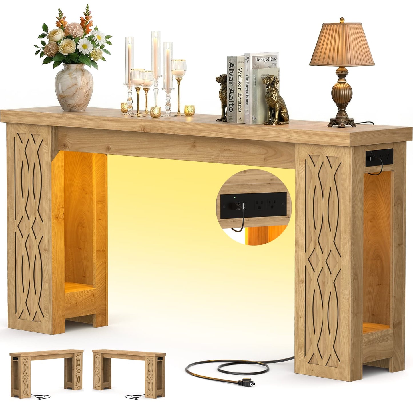 47'' Farmhouse Console Table with Charging Station and LED Lights