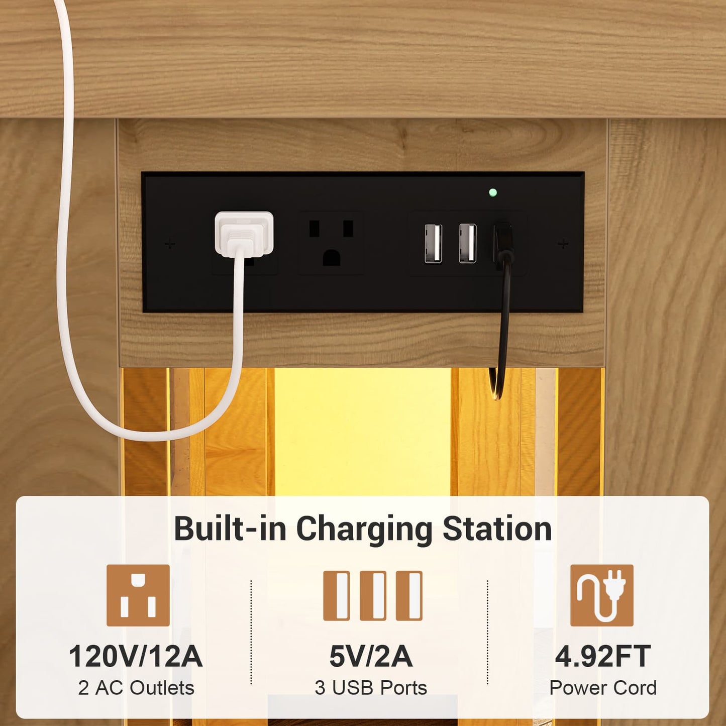 47'' Farmhouse Console Table with Charging Station and LED Lights