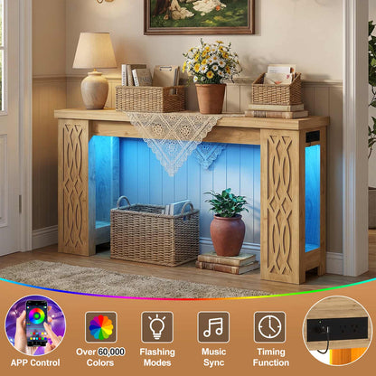 47'' Farmhouse Console Table with Charging Station and LED Lights