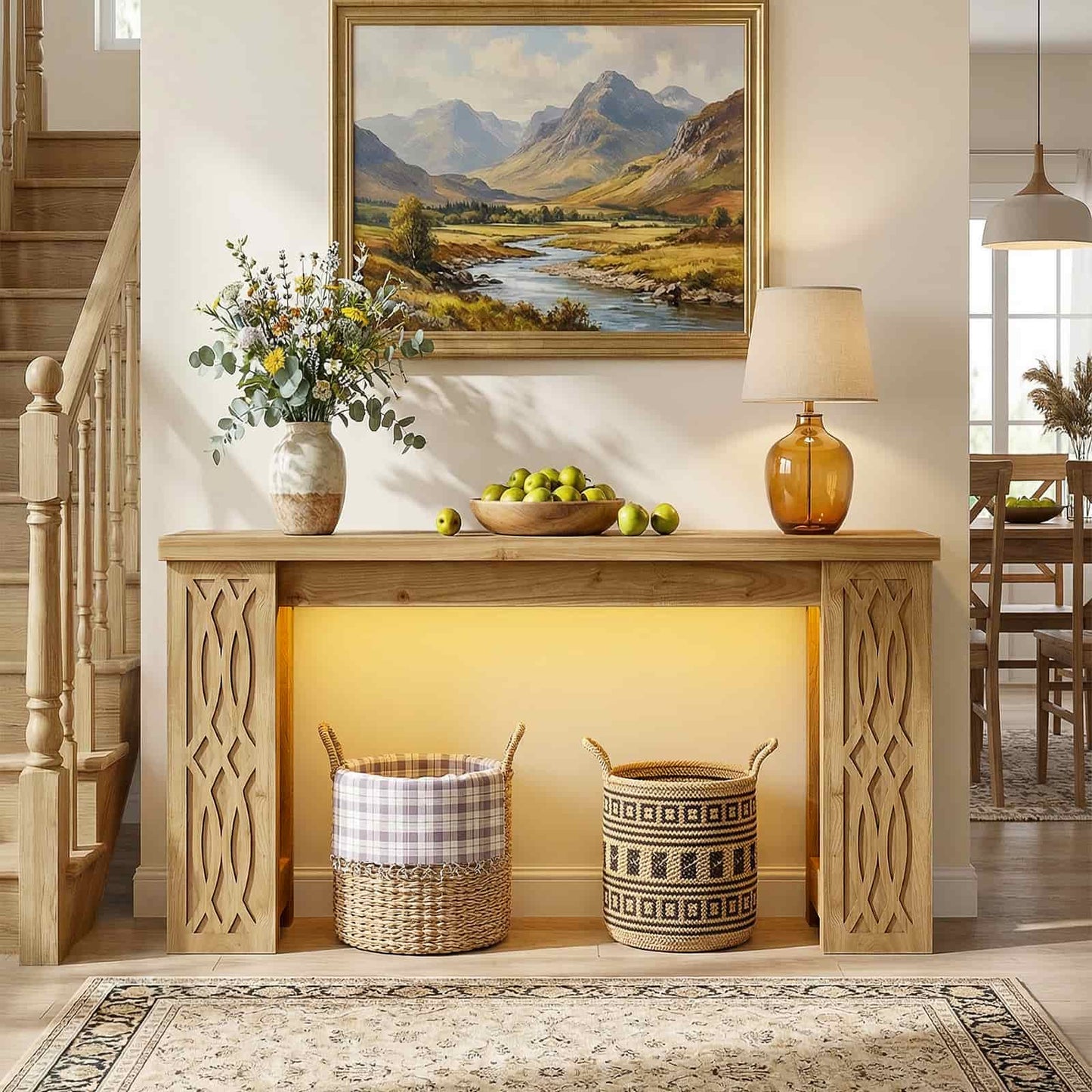 47'' Farmhouse Console Table with Charging Station and LED Lights