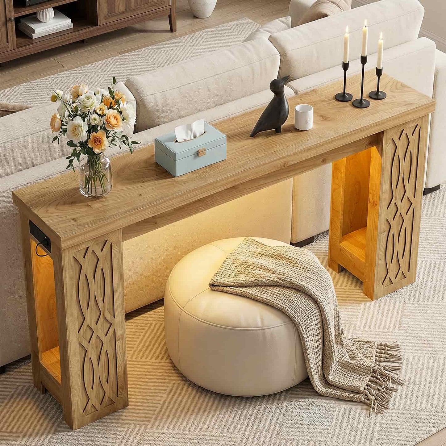 47'' Farmhouse Console Table with Charging Station and LED Lights