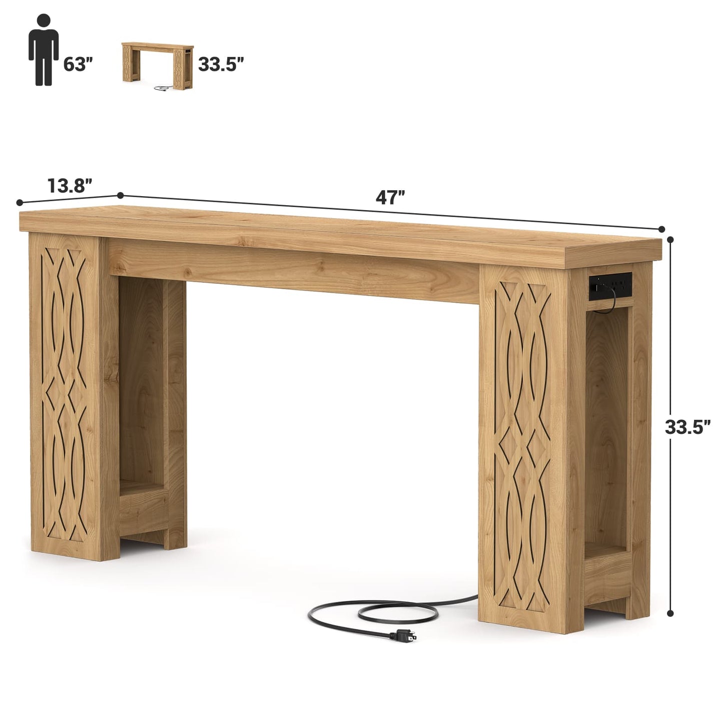 47'' Farmhouse Console Table with Charging Station and LED Lights