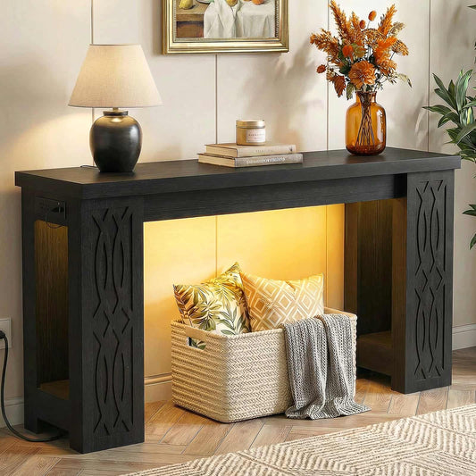 47'' Farmhouse Console Table with Charging Station and LED Lights