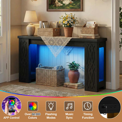 47'' Farmhouse Console Table with Charging Station and LED Lights