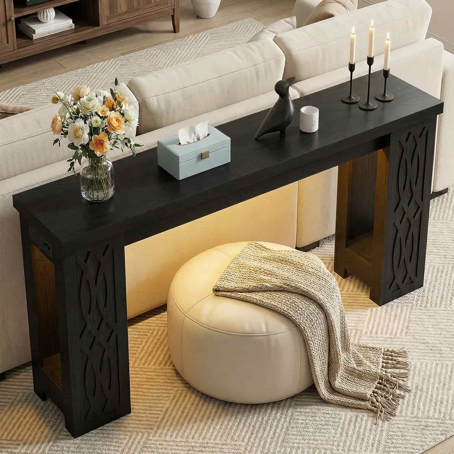 47'' Farmhouse Console Table with Charging Station and LED Lights