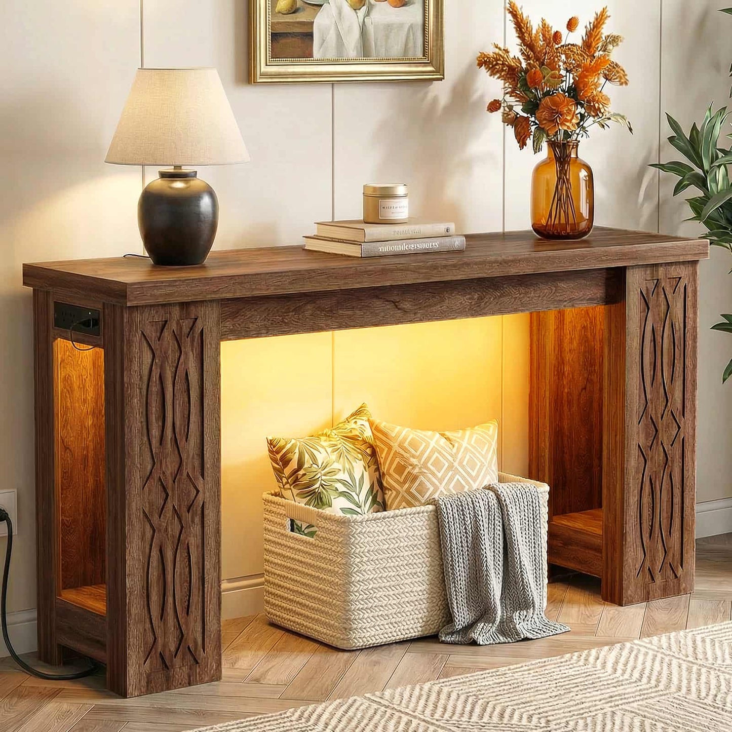 47'' Farmhouse Console Table with Charging Station and LED Lights