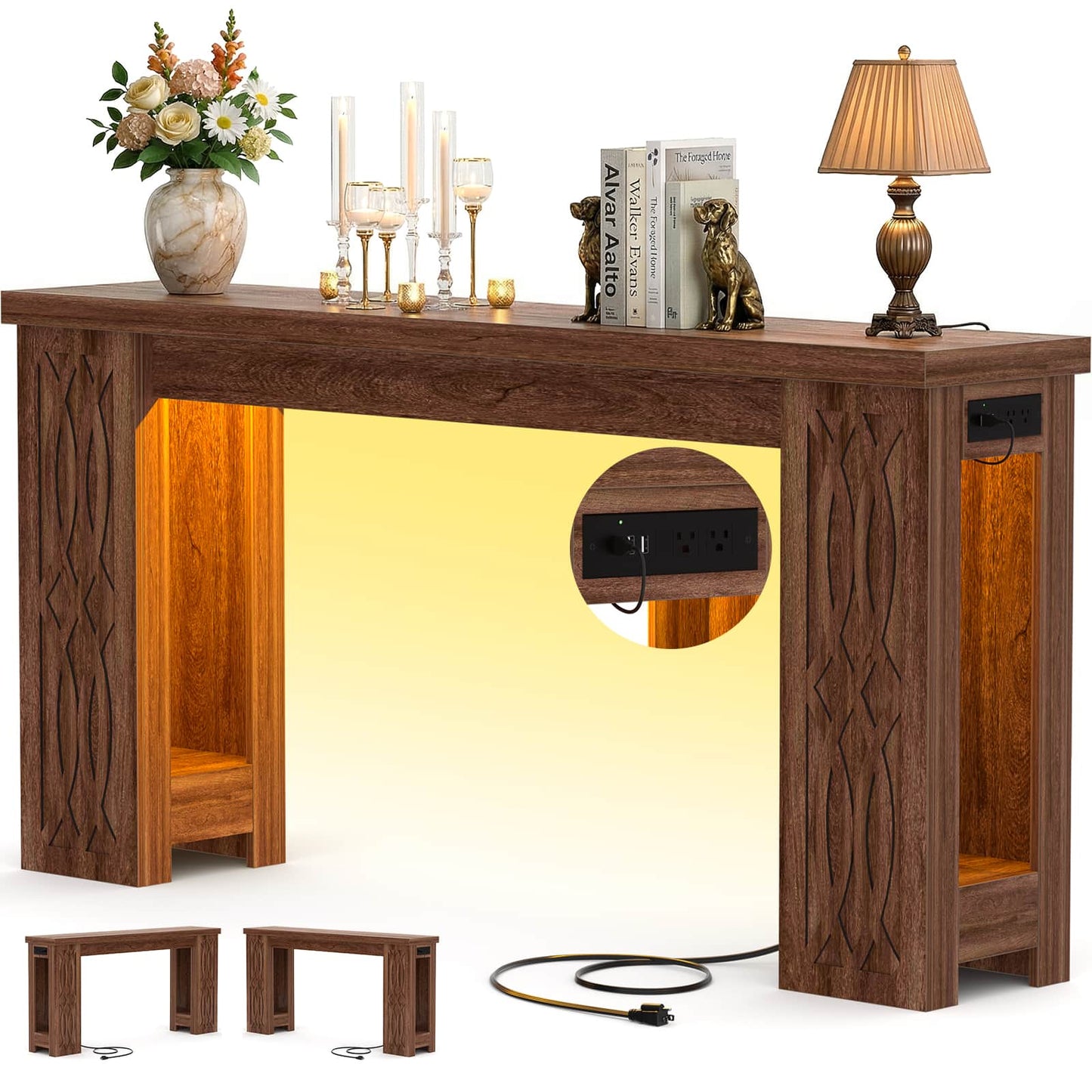 47'' Farmhouse Console Table with Charging Station and LED Lights
