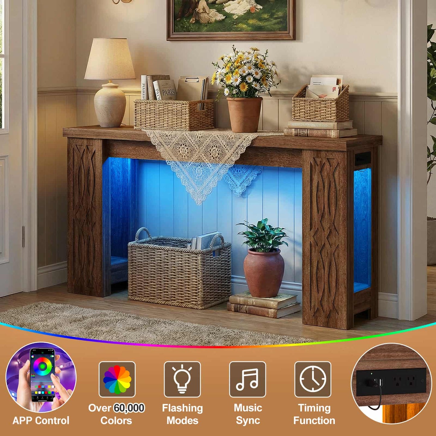 47'' Farmhouse Console Table with Charging Station and LED Lights