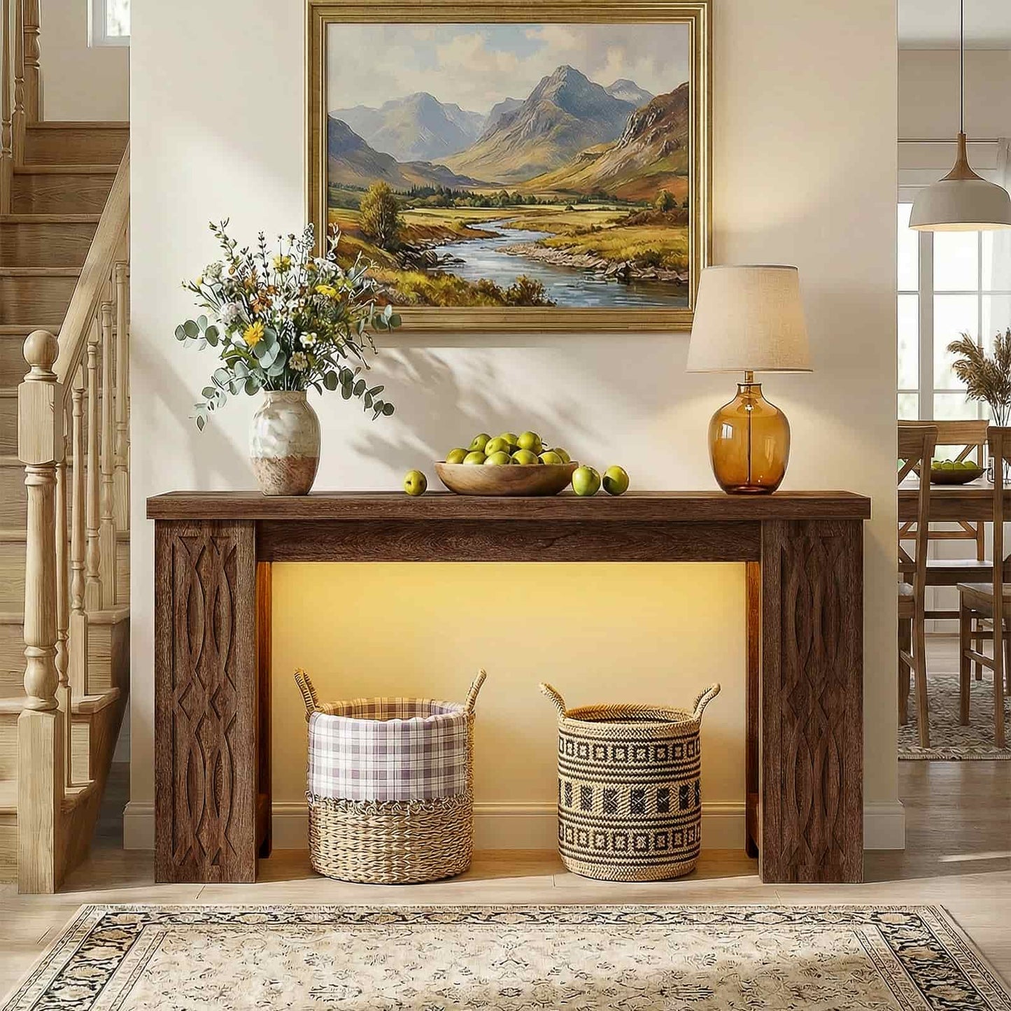 47'' Farmhouse Console Table with Charging Station and LED Lights