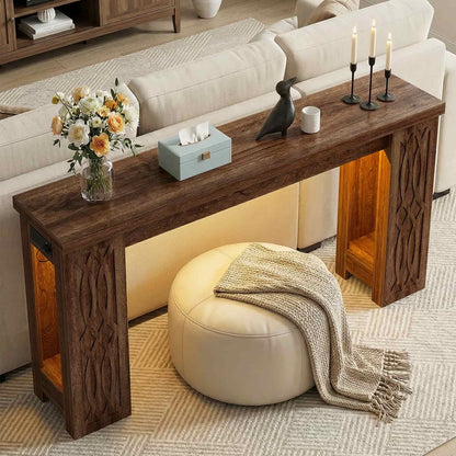 47'' Farmhouse Console Table with Charging Station and LED Lights