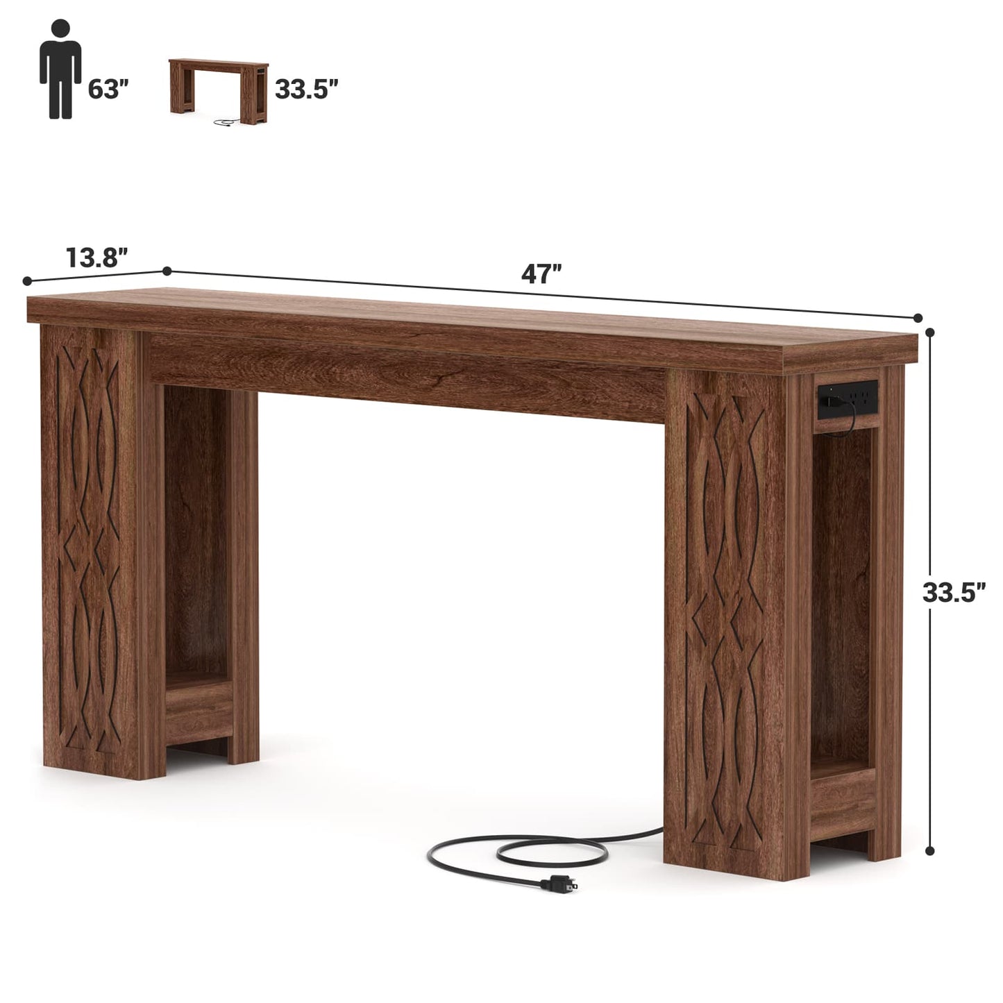 47'' Farmhouse Console Table with Charging Station and LED Lights