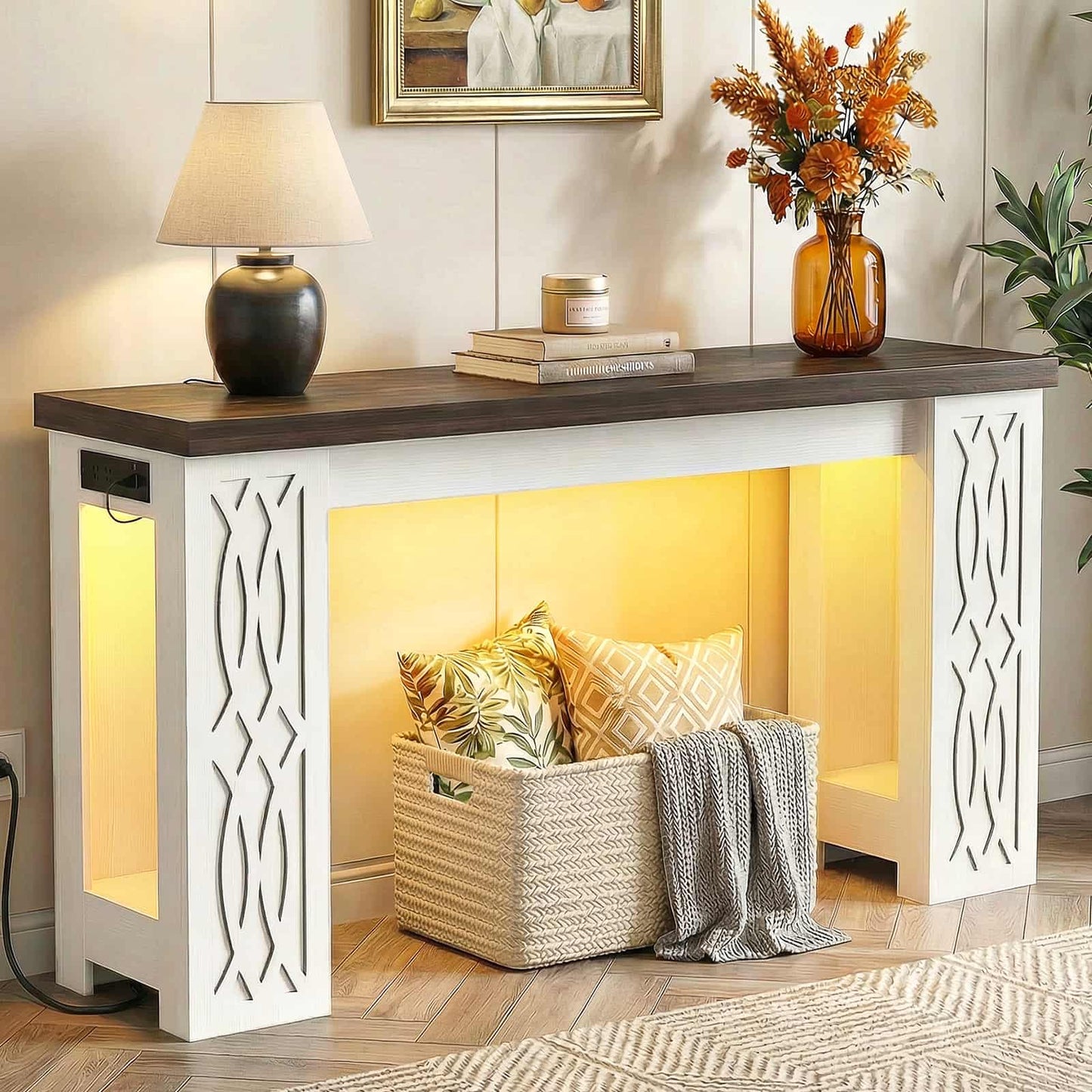 47'' Farmhouse Console Table with Charging Station and LED Lights