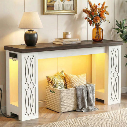 47'' Farmhouse Console Table with Charging Station and LED Lights