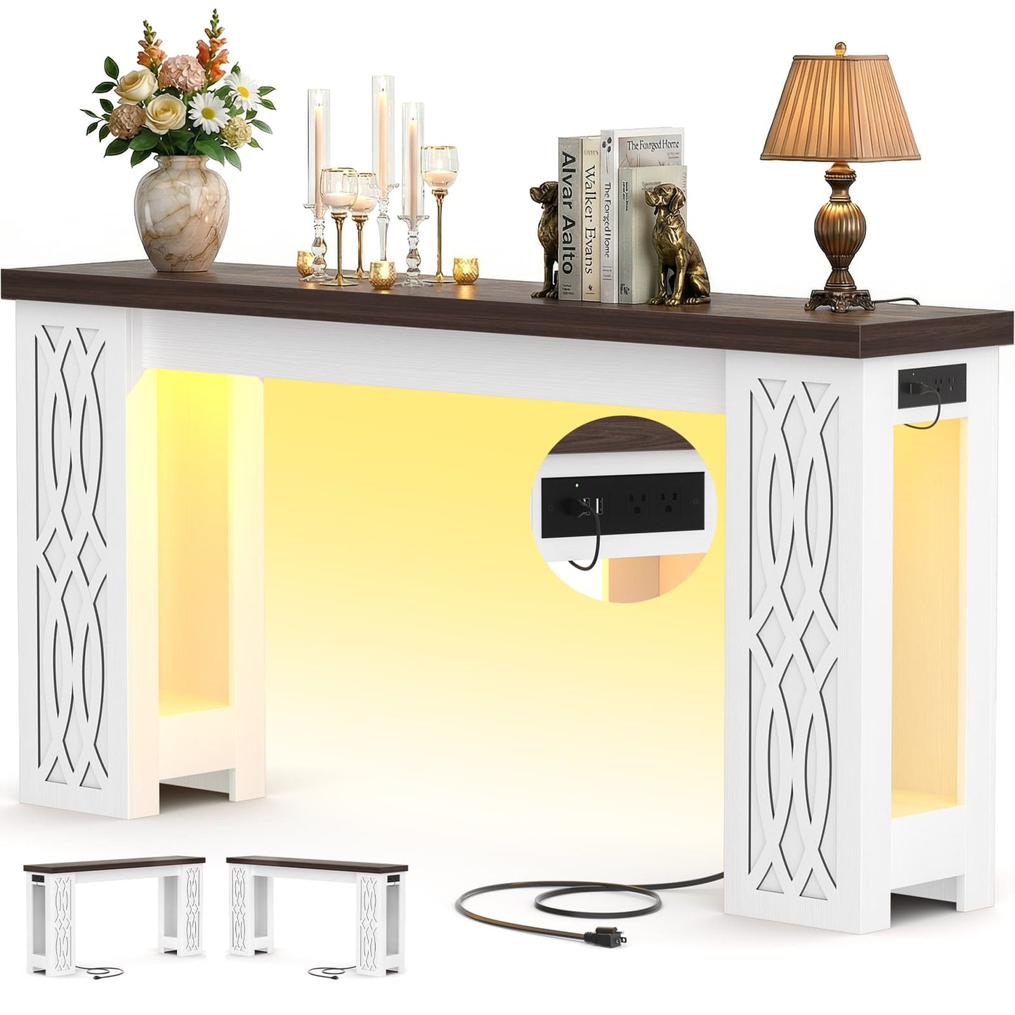 47'' Farmhouse Console Table with Charging Station and LED Lights