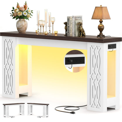 47'' Farmhouse Console Table with Charging Station and LED Lights