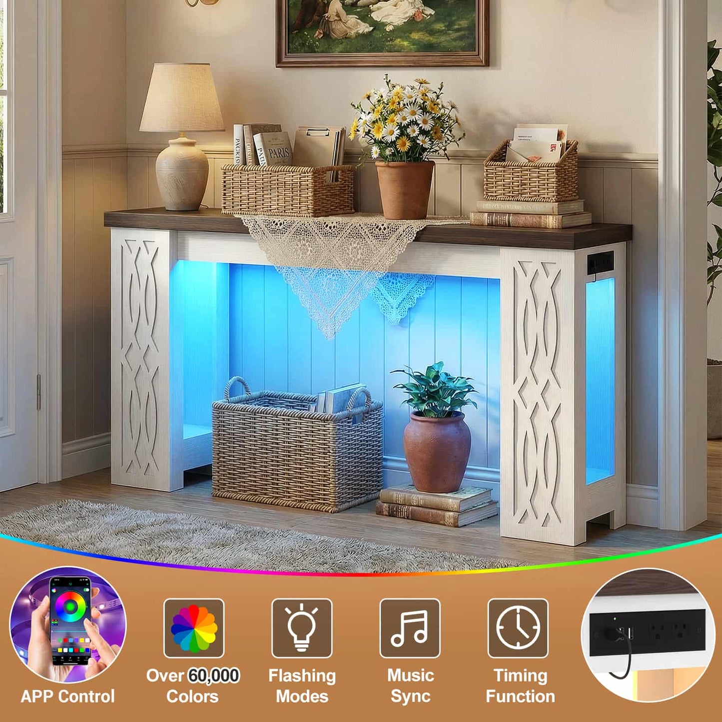 47'' Farmhouse Console Table with Charging Station and LED Lights