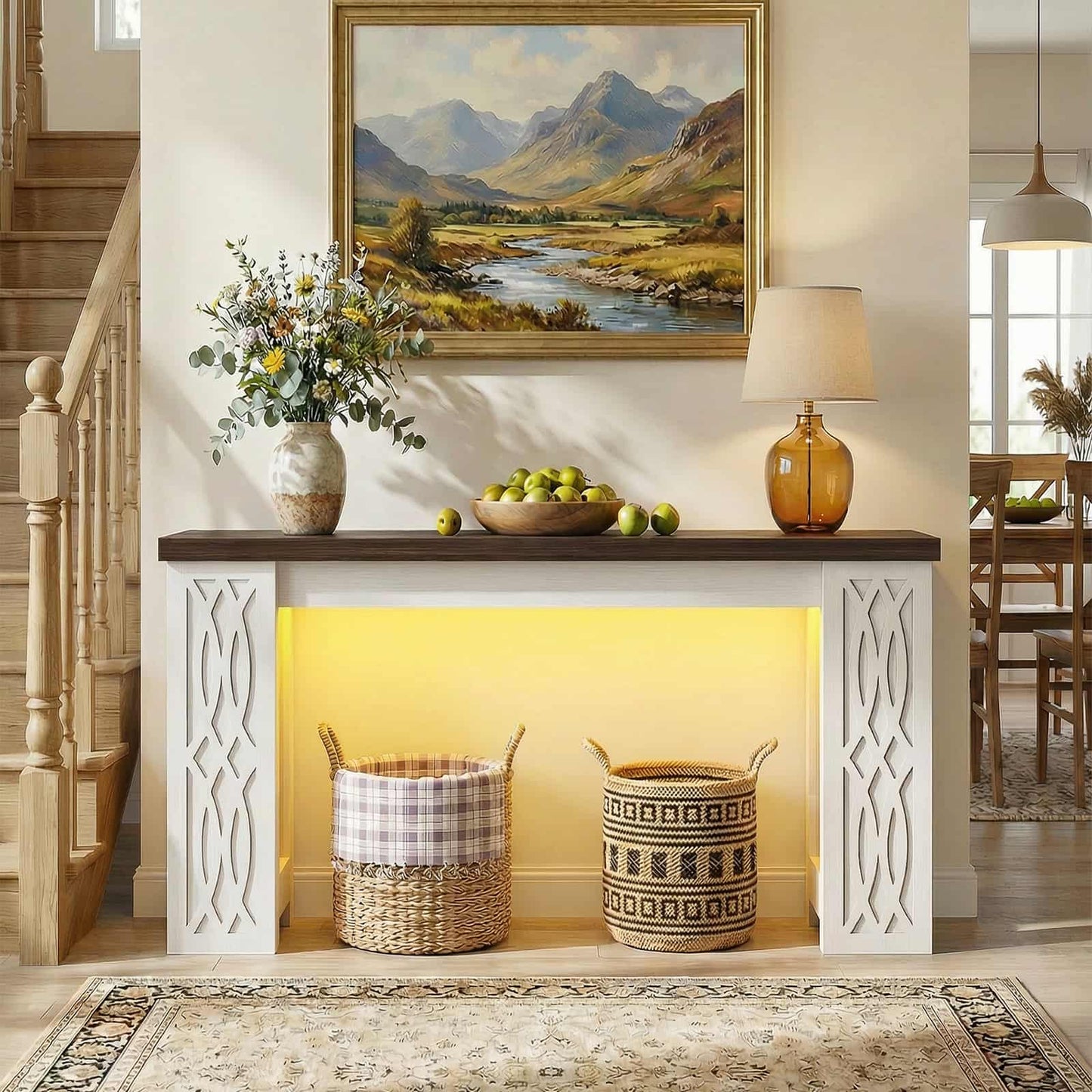47'' Farmhouse Console Table with Charging Station and LED Lights