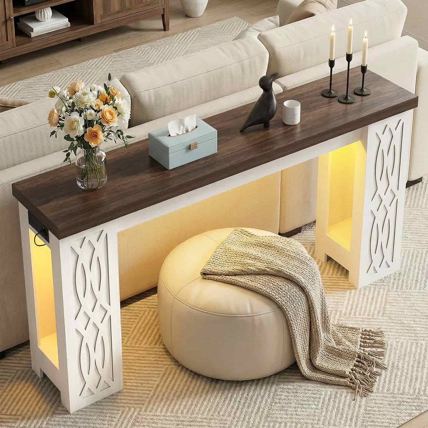 47'' Farmhouse Console Table with Charging Station and LED Lights