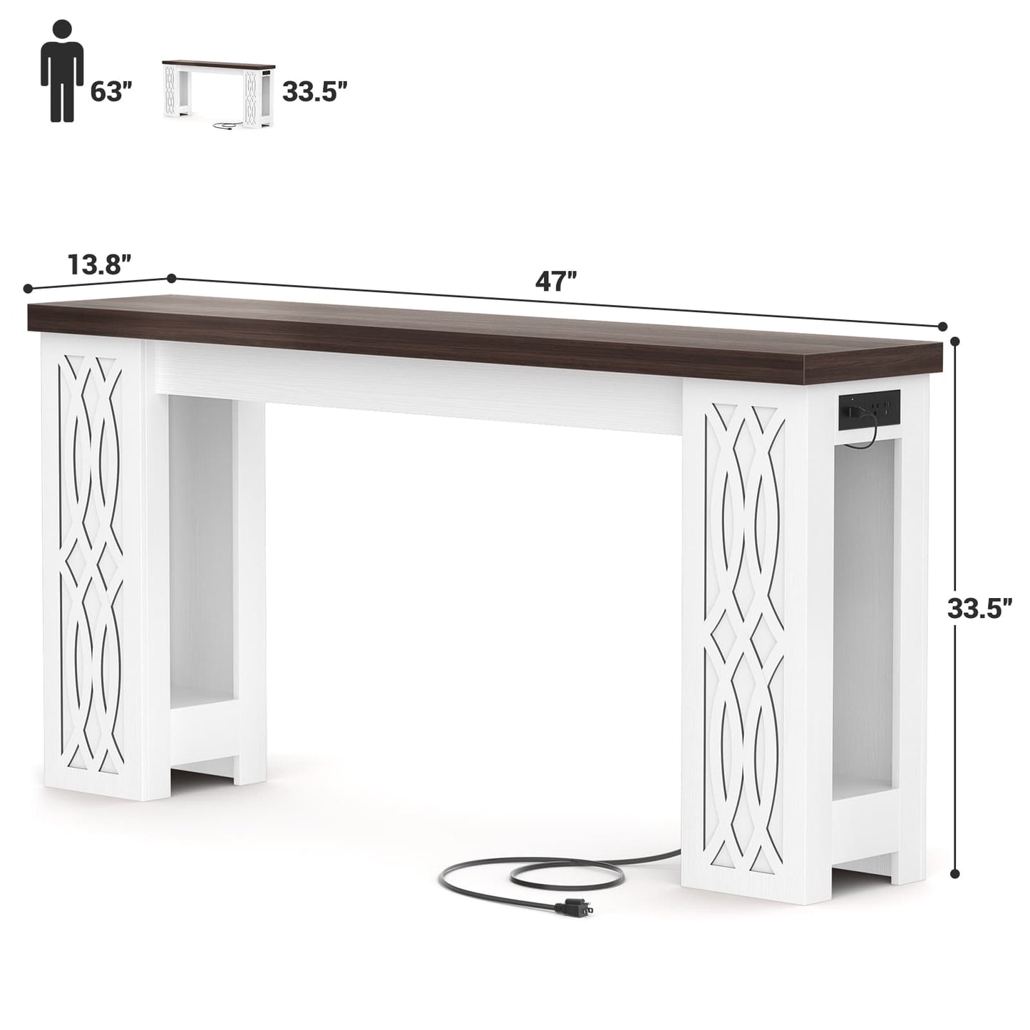 47'' Farmhouse Console Table with Charging Station and LED Lights