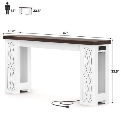 47'' Farmhouse Console Table with Charging Station and LED Lights